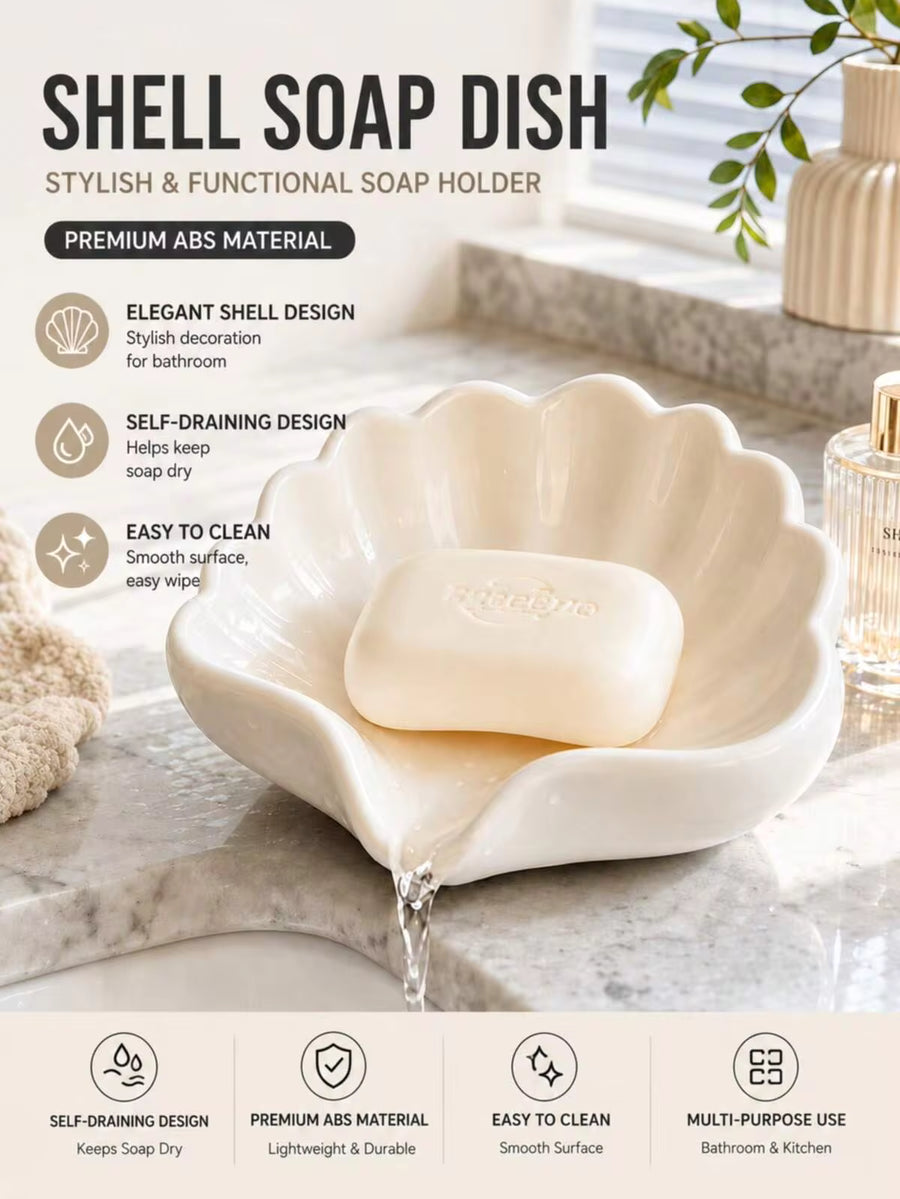 2pcs Nordic Style Shell Shaped Soap Dish, Multifunctional Makeup & Jewelry Storage Tray, White Desktop Decor, Bathroom Accessories, Non-Slip Soap Holder, Vanity Countertop Organizer, Minimalist Home Goods, Bathroom Essentials